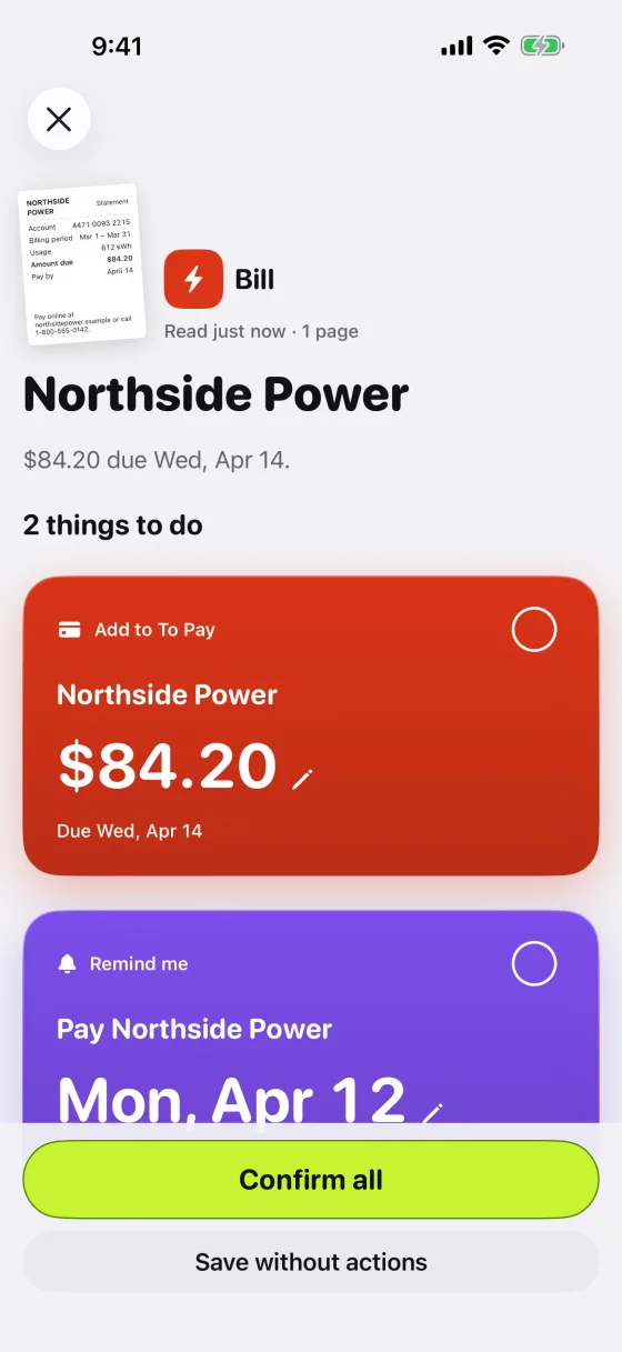 Review screen with a To Pay card for $84.20 and a reminder card