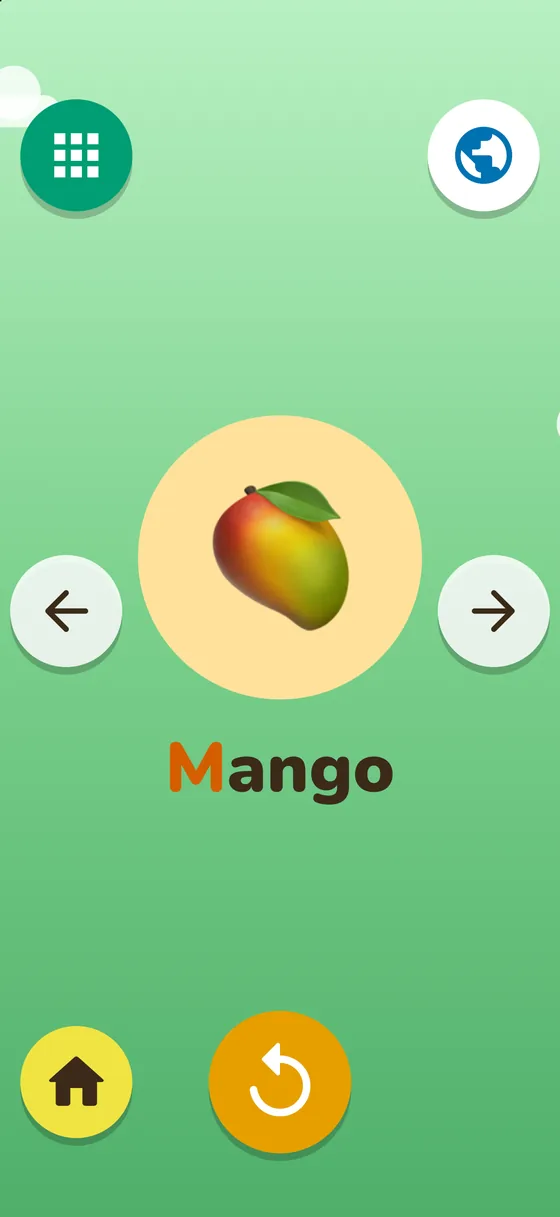 Letter Zoo showing a mango with the word Mango in English